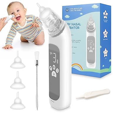 Aspiratore Nasale Elettrico per Bambini, Aspiratore Moccio per Bambini, Pulitore Nasale Automatico con 3 Ugelli in Silicone, Livello di Aspirazione Regolabile, Funzione Musica e Luce Rilassante