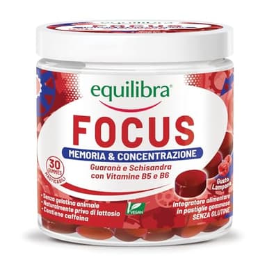 Equilibra Integratori Alimentari Focus, Integratore in Pastiglie Gommose, con Guaranà e Schisandra ad Azione Tonica, Vitamine per Memoria e Concentrazione, Vegan, 30 Gummies Gusto Lampone