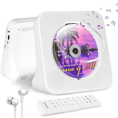 Lettore CD da tavolo con Bluetooth 5.0, lettore CD musicale con altoparlante HiFi incorporato, telecomando, copertura antipolvere, radio FM, schermo a LED, timer per il sonno, AUX/USB (bianco)
