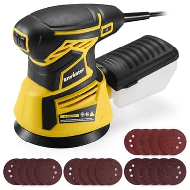 Enventor Levigatrice Orbitale 350W, Levigatrice Rotorbitale con 6 Velocità Variabile, 6000-13000RPM, 125MM, 20PCS (80, 120, 180, 240 Grane), Levigatrice per Legno, Metallo