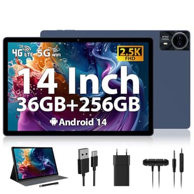 RUSHAR Newest Tablet 14 Pollici,Android 14 Tablet con 36GB RAM +256GB ROM (1TB TF),Tablet 4G LTE/SIM+5G WiFi,11580mAh|2240 * 1400HD|Octa-Core 2.0GHz|13MP+8MP|Face ID|BT 5.0,Tablet con Fondina,Blu