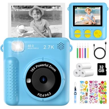 Macchina Fotografica Bambini Istantanea, 2,4 Pollici Fotocamera Digitale Bambini con 32GB Scheda e Carta da Stampa, 1080P HD Videocamera Bambini Giochi, Regalo di Natale per Ragazze Ragazzi 3-12 Anni