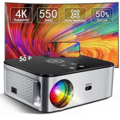 Proiettore【Android TV & Auto Correzione】 Horlat Proiettore 4K Supporto WiFi 6 Bluetooth, 25000 Lumen, Zoom 50%, Videoproiettore Home Cinema Compatibile con iOS/Android/TV Stick