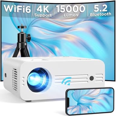 Proiettore WiFi6 Bluetooth 15000 Lumens, AKIYO O7 Proiettore 4k Supporto 1080P Nativo, Videoproiettore Full HD Home Cinema per TV Stick/iOS/Android/PS5/HDMI/USB/PC (con Treppiede)