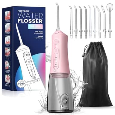 JTF Irrigatore Orale Senza Fili, Portatile Idropulsore Dentale Professionale Ricaricabile USB, 4 Modalità e 9 ugelli e Capacità 300ML Elettrico Water Flosser Impermeabile IPX7 per Viaggi a Casa(Rosa)