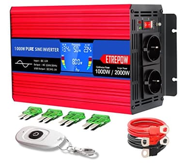 ETREPOW 1000W Inverter 12V 220V Onda Sinusoidale Pura Trasformatore Con 2 Prese EU e USB, Telecomando Senza Fili,Display LCD,Picco 2000W