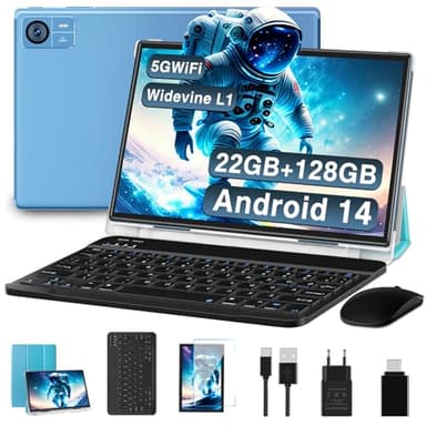 SUAAT Newest Tablet Android 14 10 Pollici 22GB RAM+128GB ROM(1TB TF), 8000 mAh,Octa-Core T606,2.0Ghz, WiFi5G+2.4G, GPS, 8MP + 5MP, Bluetooth 5.0,Cast, Tablet PC con Custodia, Tastiera e Mouse, Blu