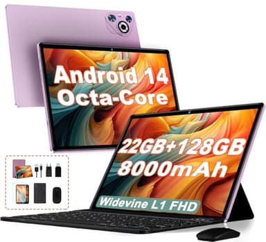 2025 Newest Tablet 10 pollici Android 14, 22GB RAM 128GB ROM/TF 1TB, Processore Octa-Core, 8000mAh, Corpo in Metallo, Doppio WiFi, 8MP+5MP, Widevine L1, Protezione Occhi, Tastiera, Mouse, Violet
