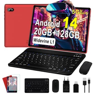 Tablet Android 14 Tablet 10 Pollici 20GB RAM+128GB ROM (TF 1TB), Tablet con Tastiera e Mouse, 5G WiFi 6, Octa-Core, GMS, Bluetooth 5, 5MP + 8MP, GPS, 1280 * 800 FHD, 2025 Newest Tablet Widevine L1,Red