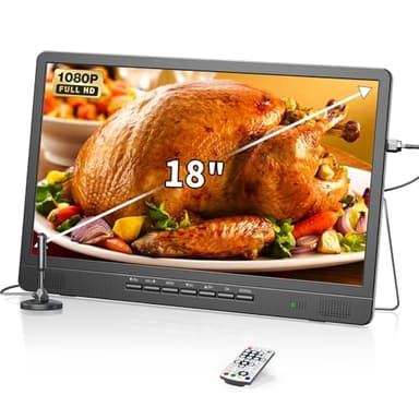 Desobry portable tv, mini TV LCD da 18 pollici con sintonizzatore DVB/T2, TV da 12 V, HD 1080P per campeggio all'aperto, camera da letto, cucina, compatibile con ingresso USB/HDMI/AV