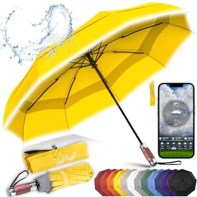Royal Walk Ombrello da viaggio pieghevole antivento, compatto e resistente, con manico in vero legno, apertura automatica, chiusura automatica, doppia tettoia per uomini e donne, Giallo, L, Moderno