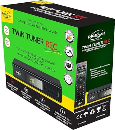 Decoder digitale terrestre 2024 Digiquest Twin Tuner Rec Decoder DVB-T2 HEVC H.265 Chipset 10bit, Decoder TV, Dual, Full HD FTA, USB, HDMI, SCART, Ethernet LAN RJ-45, Telecomando 2 in 1, Nero, Metallo