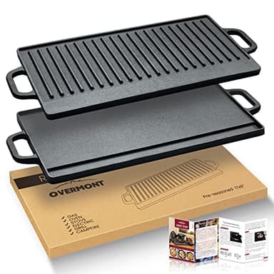 OVERMONT Piastra Reversibile in Ghisa Antiaderente Bistecchiera Rettangolare Doppia Uso con Maniglie Adatto a Piani di Cottura, Piani a Induzione e Forni Nero 42 x 23 cm