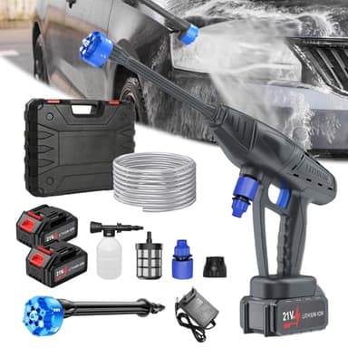 Idropulitrice a Batteria, Pistola Idropulitrice Wireless con Regolabile 2 Batterie, Idropulitrice Portatile con Ugello Multispruzzo 6 in 1 per Auto, Terrazza, Giardino, Pulizia di Tappeti