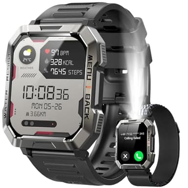 IOWODO Smartwatch Uomo con Chiamate,2.01“ Militari Smart Watch con Torcia/900mAh Batteria/2 Cinturini/Bussola/SpO2/100 Sportive/Cardiofrequenzimetro/Sonno,Orologio Fitness Tracker per iOS/Andriod