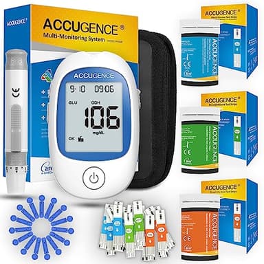 ACCUGENCE Misuratore Multifunzionale 3 in 1 per Glicemia, Acido Urico e Chetoni con 25 Strisce Reattive per Glicemia, 25 Strisce Acido Urico, 15 Strisce Chetoni, Glucosio Glucometro