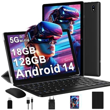 DMOAO Tablet 10 Pollici Android 14 con 18 GB RAM + 128 GB ROM(TF 1TB), FHD Tablet con 5G Wi-Fi 6, Widevine L1, Octa-Core, USB-C, BT 5.0, 6000 mAh,Tastiera + Mouse + Custodia, Nero