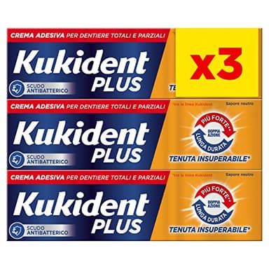 Kukident Plus Crema Adesiva Doppia Azione, Crema Adesiva per Protesi Dentali Totali e Parziali, 3 Confezioni da 35g, Sapore Neutro, Lunga Durata