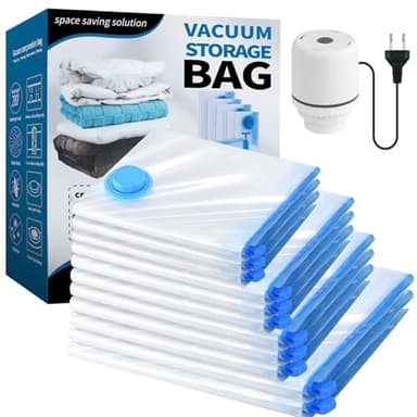 Sacchetti Sottovuoto Vestiti con Pompa Elettrica, Confezione da 11 (2 jumbo, 3 grandi, 3 medi, 3 piccoli), Sacchi Sottovuoto Piumoni per Coperte, Piumino, Cuscini, Trapunte, Viaggi, Traslochi