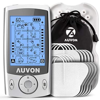 AUVON Elettrostimolatore Muscolare, TENS Elettrostimolatore a Doppio Canale con 20 Modalità e 10 pezzi di Elettrodi TENS con Design Brevettato per Alleviare il Dolore a Schiena, Collo e Spalle
