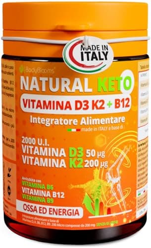Vitamina d3 k2 + Vitamina b12 e Acido folico + Vitamina b6 NATURALKETO®.Integratori stanchezza ed ossa con vitamina d 2000 ui, vitamina k2 200 mcg e 1000 mcg di b12 vitamina.vitamina d MADE IN ITALY