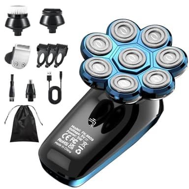Rasoio Elettrico Barba e Capelli 8D, Rasoio Testa Calva Uomo Impermeabile, Wet & Dry 100% Lavabile, 8 Testine Rotanti, Lame a Doppia Traccia e Flessibili, USB Ricaricabile Senza Fil