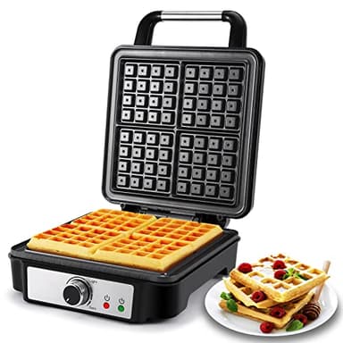 YASHE Piastra per Waffle, Macchina per Waffle Quadrata 4 Fette, 5 Manopole di Doratura, Luci Indicatori, Antisversamento, Rivestimento Antiaderente, 1200W, Argento/Nero