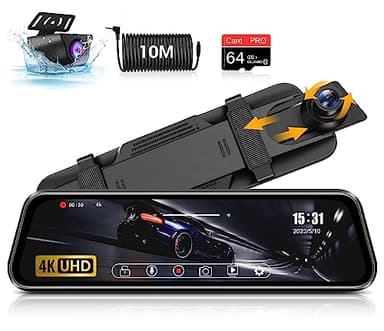 4K Dash Cam Specchietto 10" Dashcam Retrovisore Telecamera per Auto con 170° Grandangolo IP69 Impermeabile Specchio Retrovisore Auto Super Visione Notturna G-sensor Scheda SD da 64 G