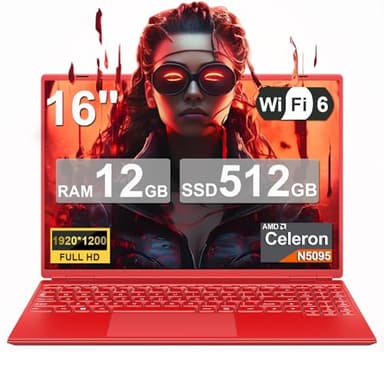 NOTODD PC Portatile Notebook 16 Pollici Win11 12GB 512GB 1TB SSD Espansione, Computer Portatile Celeron N5095 (fino a 2.9Ghz) 丨Ventola di Raffreddamento丨5G WIFI丨1920 * 1200 2K Schermo Doppio-Rosso