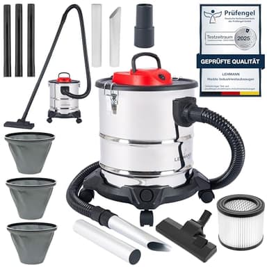 LEHMANN Haddo Aspirapolvere industriale 2000W | per camino con doppio sistema di filtri | per camino mangiacenere | a secco umido con serbatoio in acciaio inox da 20 litri, argento
