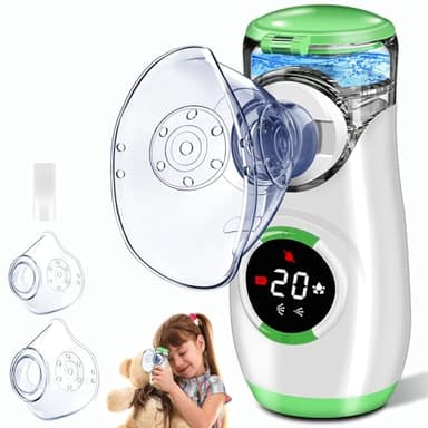 Aerosol Portatile Silenzioso con Digitaler Anzeige, Macchina Aerosol per Adulti Bambini con Boccaglio e Maschera, per Malattie delle Vie Respiratorie Superiori e Inferiori (Verde)