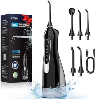 COSLUS Idropulsore Dentale Portatile Senza Fili, 300 ML Irrigatore Idropulsore Ricaricabile Foppio Flusso Impermeabile IPX7 Water Orale Flosser Pulizia Denti Ideale per Viaggi a Casa Nero