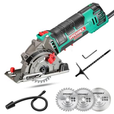 HYCHIKA Sega Circolare, 500W Mini Seghe Circolare 4500RPM, Profondità di Taglio: 0-25mm,Tubo per Aspirapolvere, 3x Lame adatto per Legno, Plastica, Metallo Morbido