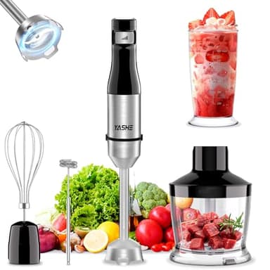 YASHE Frullatore a Immersione, 5 in 1 in Acciaio Inox, 1000 W, Velocità Regolabile Continuamente, con Tritatutto, Frusta e Bicchiere Dosatore – Ideale per Alimenti per Bambini, Salse e Zuppe
