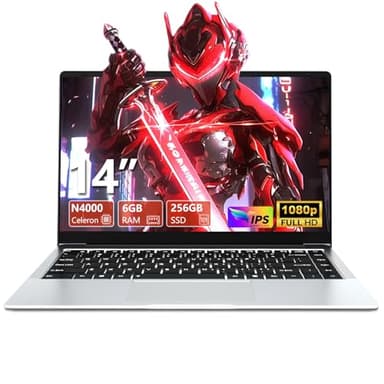 14,1 Pollici PC Portatile, Notebook Celeron N4000 Processor, Win11 PC Portatile 6GB LPDDR4 RAM 256GB SSD, 1920*1080P Schermo 80°Flip, UHD Graphics 600, Mini-HDMI/USB3.0, Batteria 7.6V/5000MA