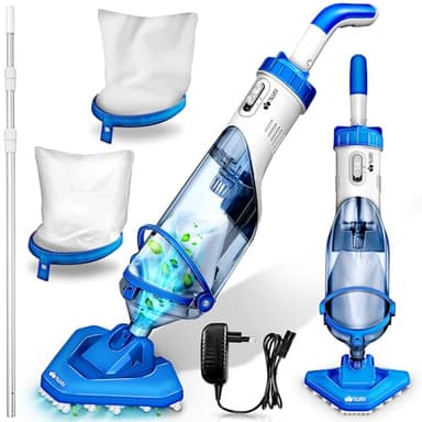 tillvex Aspirapolvere per piscina con batteria e asta telescopica + filtro di ricambio fino a 15 m³, aspiratore elettrico per piscina con filtro e 60 minuti di autonomia, set di pulizia senza fili