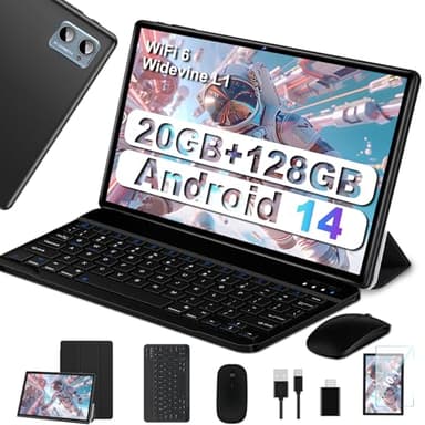 SUAAT Newest Tablet Android 14 10 Pollici 20GB RAM+128GB ROM(1TB TF),Octa-Core, WIFI 6,1.8Ghz,BT5.0, GMS, 8MP + 5MP, Type-C, OTG, Cast, Tablet PC con Custodia, Tastiera e Mouse, Nero Intenso