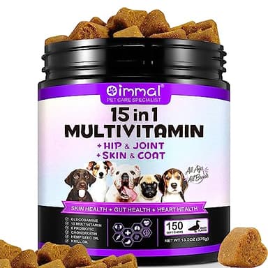 Multivitaminico 15 in 1 per cani, 150 vitamine e integratori per cani per supporto articolare, digestione, cuore, pelle, cura del pelo, vitamine A, E, D3, B12