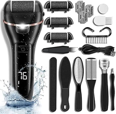 Pedicure Elettrico Professionale Piedi, Set Calli Rimozione Ricaricabile, Kit con 3 Rulli, Illuminazione, 2 Velocità e 17 Strumenti (nero)