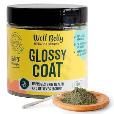 Wolf Belly - Probiotici Dermatite Cane 100% Naturale (180 g) Omega 3 e Vitamina B in Polvere, Contro il Prurito Cane, Migliora Salute della Pelle, Integratore Perdita Pelo - Prodotto in UE