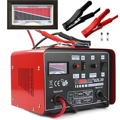 Caricabatteria per Auto Moto | con Funzione di Carica Rapida | per Batterie al Piombo 12-24V | 30-180 Ah | Portatile | Rossa