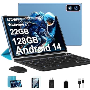 2025 Newest Tablet 10 Pollici Android 14 OS 22GB RAM+128GB ROM(TF 1TB), Octa Core 2.0Ghz /5G+2.4G WiFi/GMS/8000mAh/Bluetooth 5.0/Widevine L1/8MP+5MP/GPS/Tablet 2 in 1 con Tastiera e Mouse - Blu
