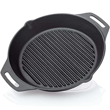 BBQ Nerd© Padella in ghisa per grigliare con fondo scanalato per un bel motivo grigliato | bistecchiera Ø 30 cm 3200 g con beccuccio e manico | padella antiaderente per il fuoco all'aperto