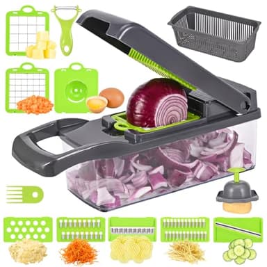 Tagliaverdure multifunzione 16 in 1, mandolina per verdure professionale, affettaverdure manuale con 7 lame regolabili, affettaverdure da cucina professionale per tagliare verdure, cipolle, patate