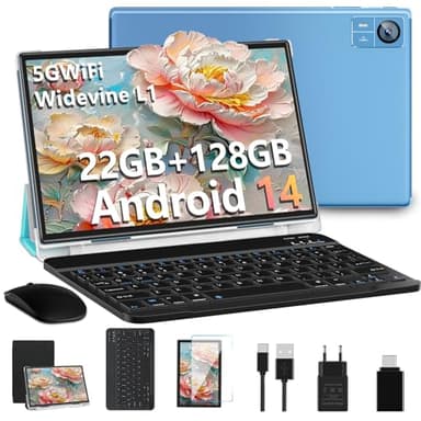SUAAT Tablet 2025 Tablet 10 pollici, Android 14 Octa Core con 22 GB RAM+128 GB ROM (1 TB TF), 5 G+2.4G WiFi, Bluetooth 5.0, 8000mAh, 8 MP+5 MP, Widevine L1, Tablet Touch con tastiera| Mouse Blu
