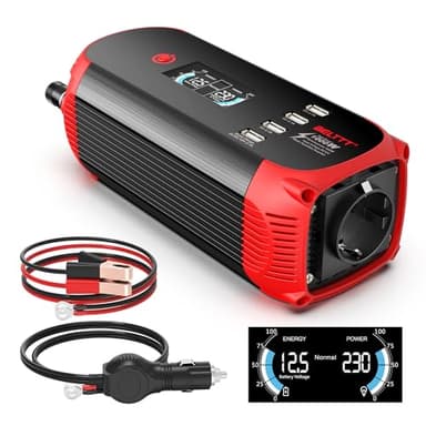 BELTTT Inverter 12v 220v Auto, 500W Convertitore Trasformatore Con 1 Presa EU, 4 Porte USB, Display LCD intelligente e 1 Porta Accendisigari, Invertitore di Tensione per Fotovoltaico Camper Camion