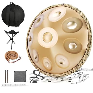 Handpan 432 Hz Re Minore, 9 Note 22 Pollici Tamburo a Lingue in Acciaio, con Borsa Morbida, Mazze Per, Tripode, Panno Antipolvere, percussioni Armoniche per Guarigione Attraverso il Suono, Yoga