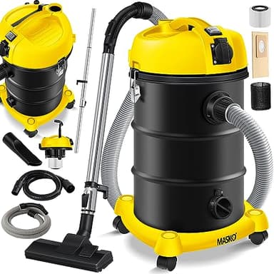 Masko® Aspirapolvere industriale 6 in 1, 2300 W + presa ✓ Funzione soffiaggio ✓ Aspirazione a secco e a umido | Aspirapolvere industriale con e senza sacchetto, Giallo