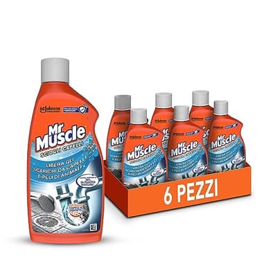 Mr Muscle Sciogli Capelli, Disgorgante per Capelli e Peli di Animali, Sicuro per i Tubi - Formato scorta da 6 pezzi da 500ml