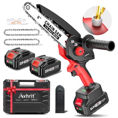 Avhrit Mini Motosega a Batteria 8000 mAh, 8 Pollici, Motore Brushless con Sistema di Lubrificazione e 2 Batterie da 4000 mAh, Motosega Elettrica da Potatura per Rami, Cortile, Casa e Giardino